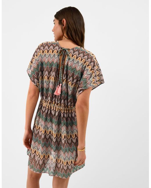 Accessorize Brown Mini Kaftan Short Sleeve V-Neck Beach Crochet Natural