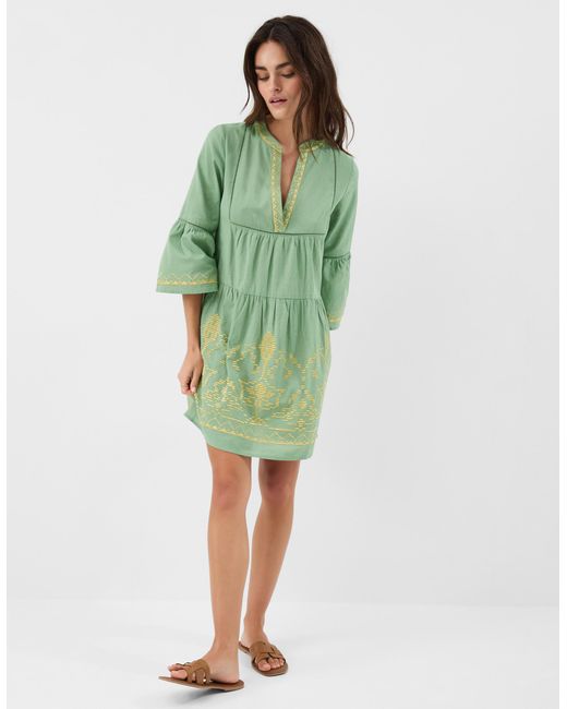 Accessorize Green Cotton Embroidered Flute Sleeve Mini Dress