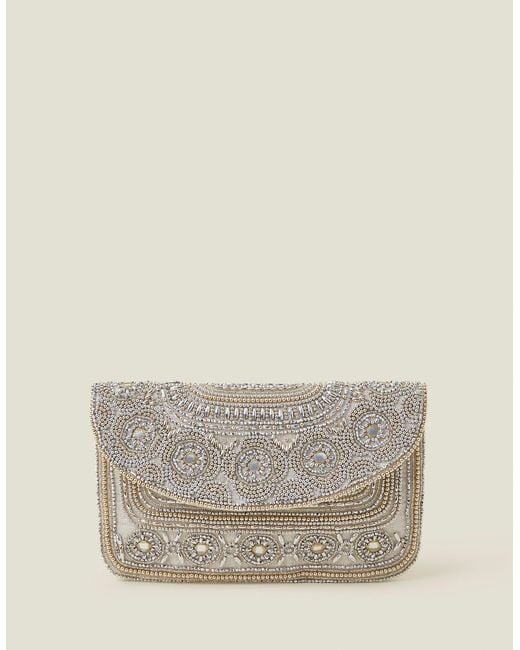 Accessorize Gray Silver Beaded Clutch Bag