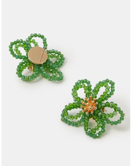 Accessorize Green Beaded Flower Stud Earrings
