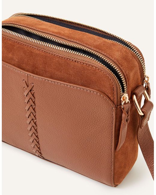 Accessorize Brown Women's Tan Leather Double Zip Cross-body Bag