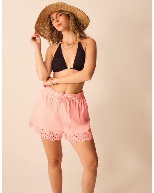 Accessorize Pink Cotton Embroidered Cutwork Scallop Beach Shorts