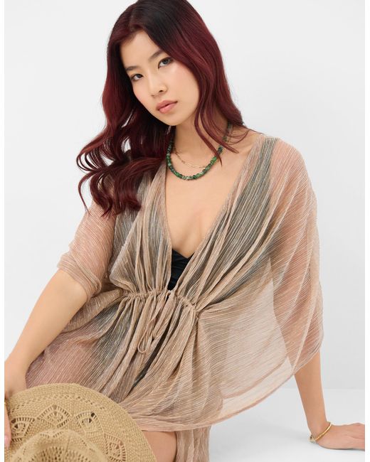 Accessorize Natural Casual Mini Short Sleeve V-Neck Regular Kaftan Shimmer