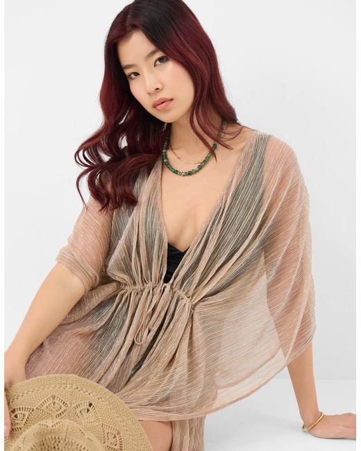 Accessorize Natural Mini Kaftan V-Neck Casual Short Sleeve Regular Shimmer
