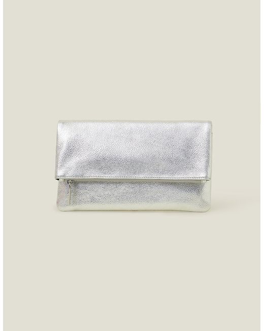 Accessorize White Leather Metallic Fold Over Clutch Silver