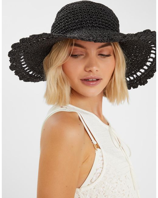 Accessorize Black Scallop Floppy Straw Sun Hat