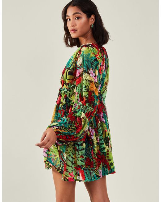 Accessorize Women's Jungle Print Long Sleeve Mini Beach Dress Green