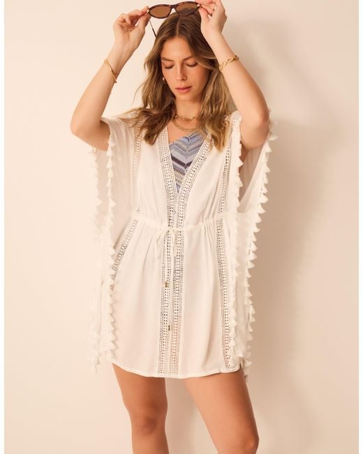 Accessorize Natural Mini Kaftan Cap V-Neck Beach Gathered Waist Tassel Trim