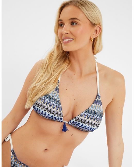 Accessorize Blue Zig-Zag Stitch Triangle Bikini Top