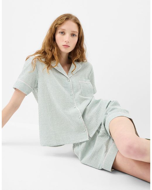 Accessorize White Short Sleeve Collared Neck Cotton Striped Stripe Pyjamas Set