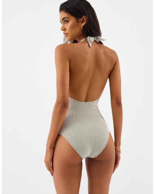 Accessorize White Geometric Textured Halter Neck Swimsuit