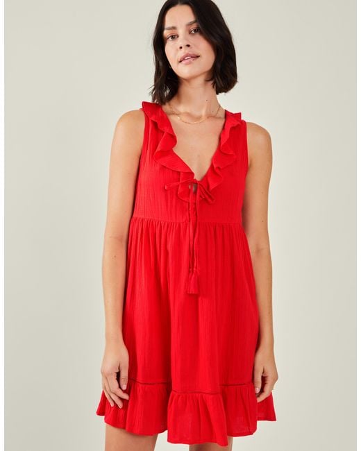 Accessorize Red Cotton Sleeveless Ruffle Mini Dress