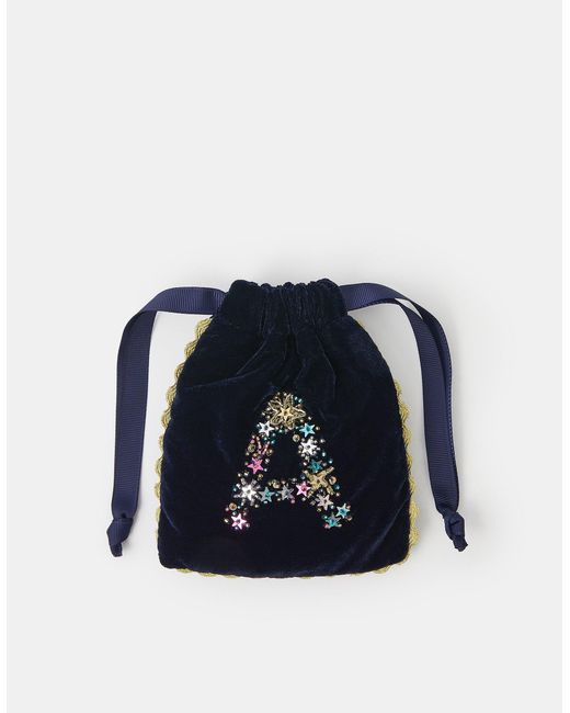 Accessorize Blue Initial Velvet Drawstring Pouch