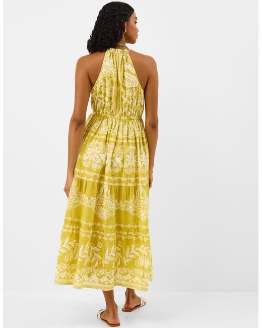 Accessorize Yellow Cotton Floral Print Halter Neck Midi Dress