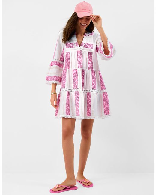 Accessorize Pink Cotton Jacquard Shimmer Flute Sleeve Mini Dress