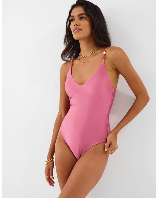 Accessorize Pink Bead Detail V-Neck Swimsuit