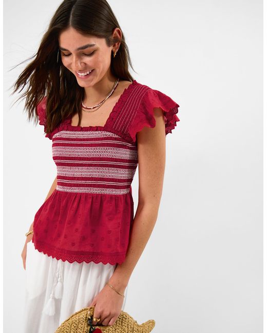 Accessorize Red Cotton Broderie Smocked Top