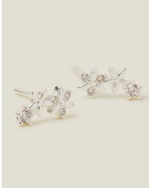 Accessorize Natural Sterling Silver-plated Sparkle Flower Climber Earrings