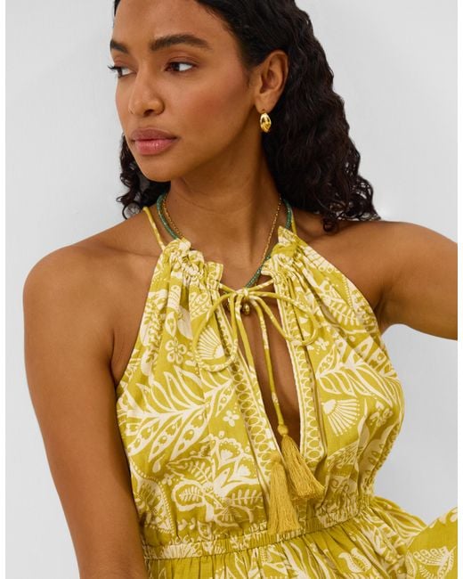 Accessorize Yellow Cotton Floral Print Halter Neck Midi Dress