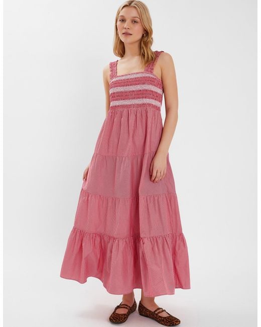 Accessorize Pink Stripe Smocked Maxi Dress