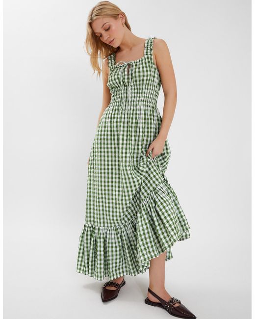 Accessorize Green Cotton Gingham Sleeveless Maxi Dress