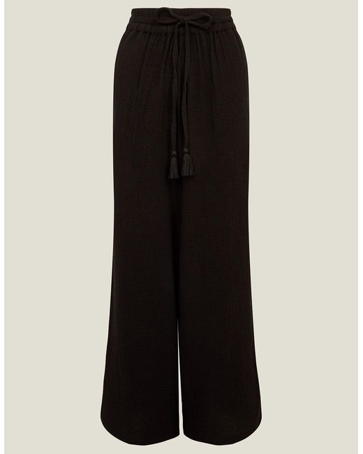Accessorize Black Wide Leg Relaxed Fit Cotton Crinkle Beach Trousers