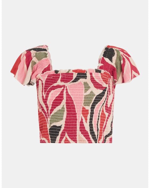 Accessorize Red Abstract Print Smocked Crop Top