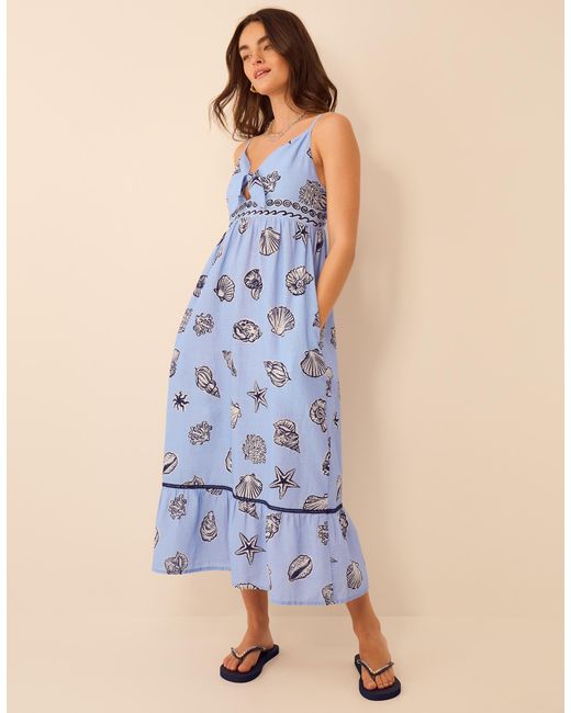 Accessorize Blue Cotton Shell Print Midi Dress