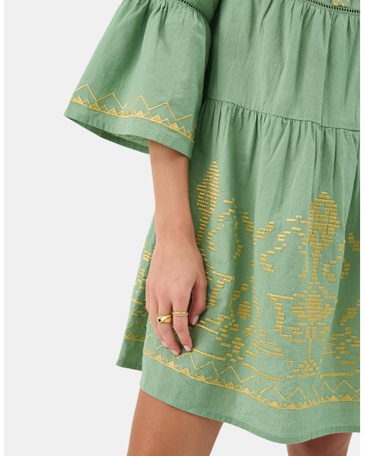 Accessorize Green Cotton Embroidered Flute Sleeve Mini Dress