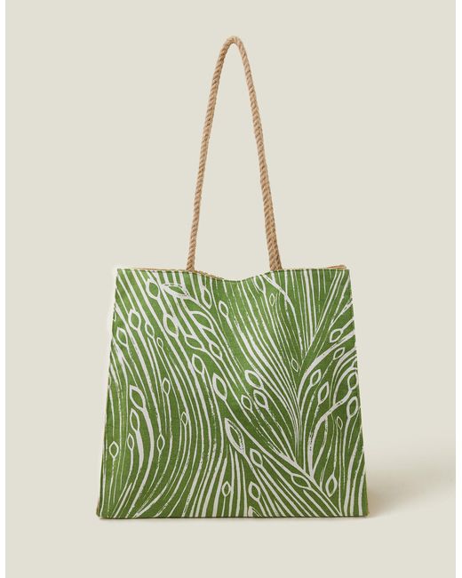 Accessorize Women's Green/white Leaf Print Jute Shopper Bag