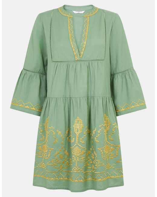 Accessorize Green Cotton Embroidered Flute Sleeve Mini Dress