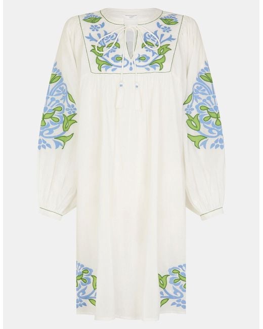 Accessorize White Embroidered Long Sleeve Cotton Smock Dress