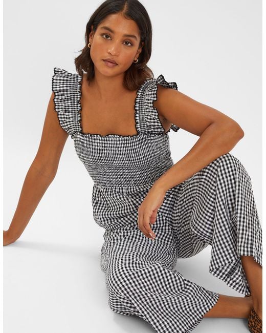 Accessorize Blue Cotton Gingham Wide Leg Jumpsuit