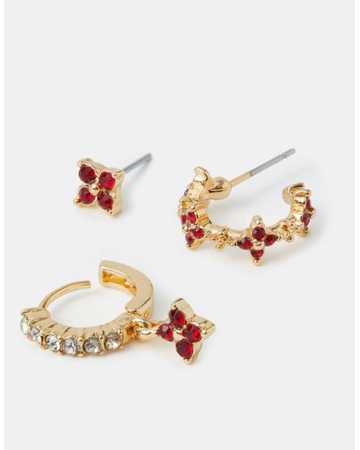 Accessorize Metallic 3-Pack Gem Cross Stud & Hoop Earrings