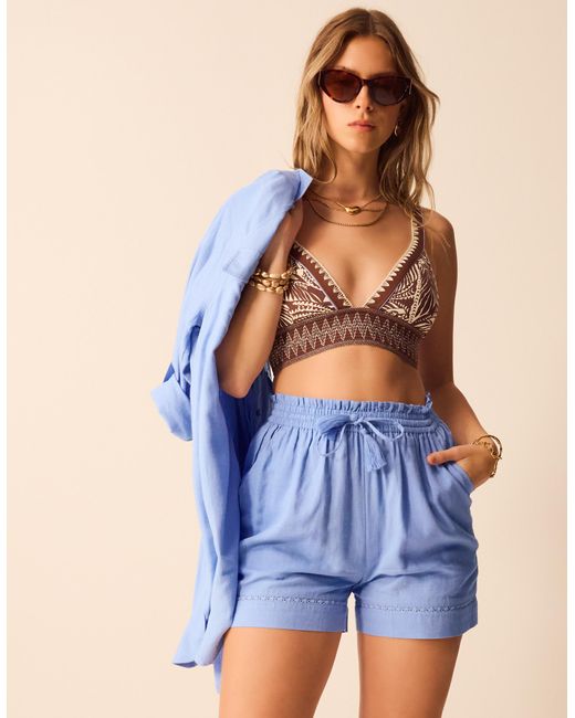 Accessorize Blue Linen Lace Trim Beach Shorts