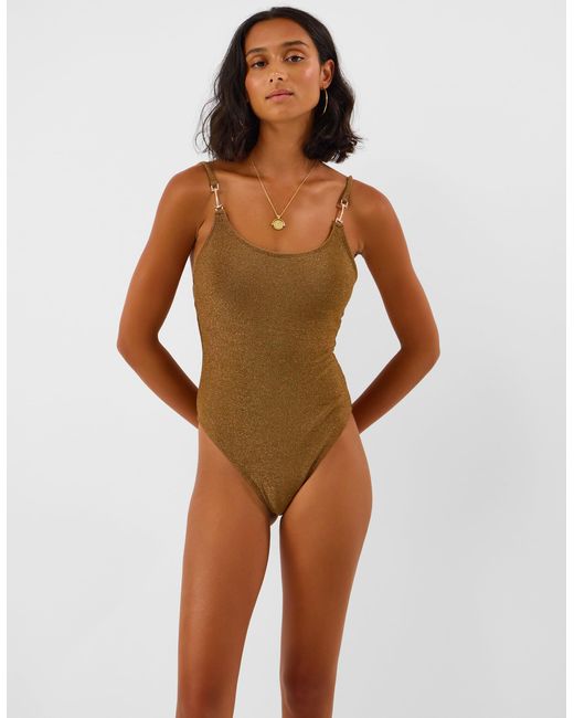 Accessorize Brown One-Piece Shimmer Metal Strap Swimsuit