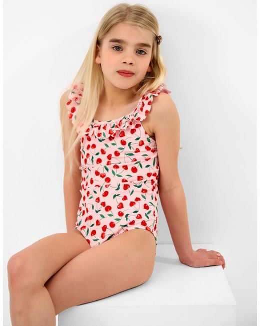 Accessorize Red Little Girl's Sleeveless Cherry Print Girls Frill Swimsuit