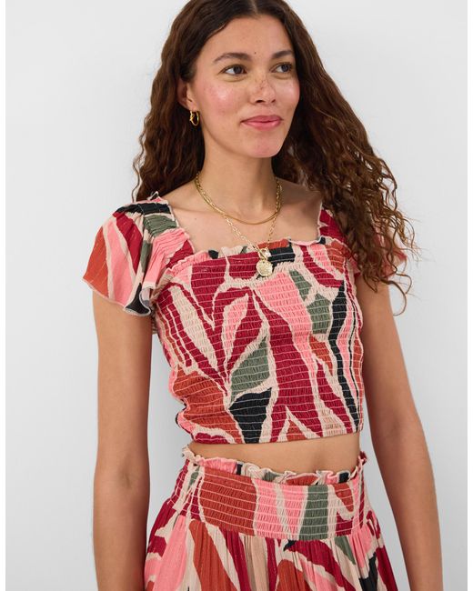 Accessorize Red Abstract Print Smocked Crop Top