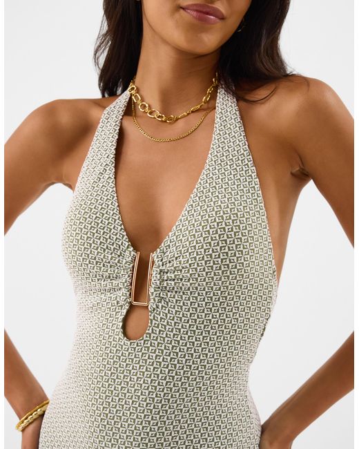Accessorize White Geometric Textured Halter Neck Swimsuit