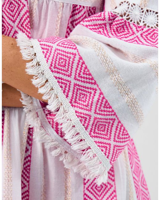 Accessorize Pink Cotton Jacquard Shimmer Flute Sleeve Mini Dress