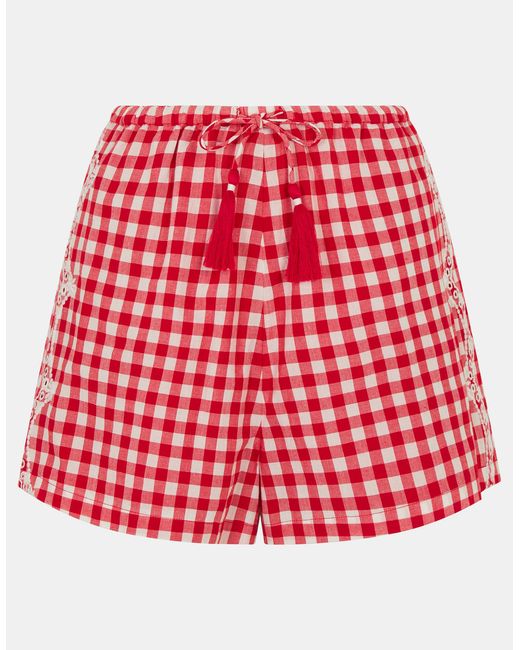 Accessorize Red Lace Tassel Drawstring Waist Short Cotton Gingham Print Cutwork Shorts