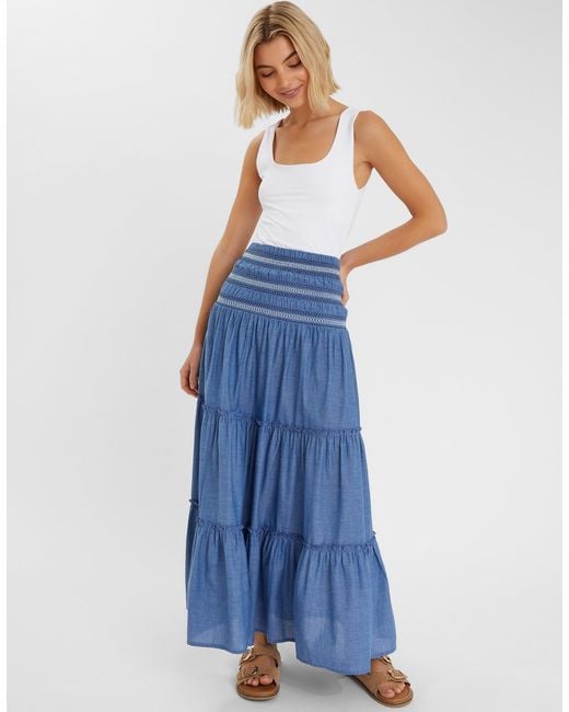 Accessorize Blue Smock Tiered Maxi Skirt