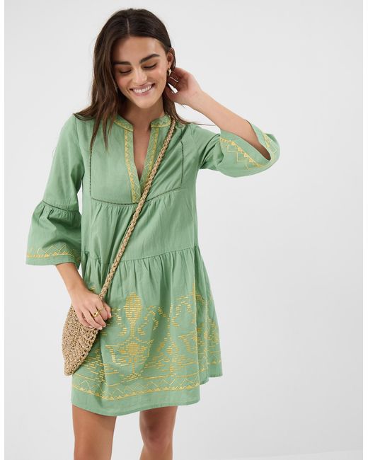 Accessorize Green Cotton Embroidered Flute Sleeve Mini Dress