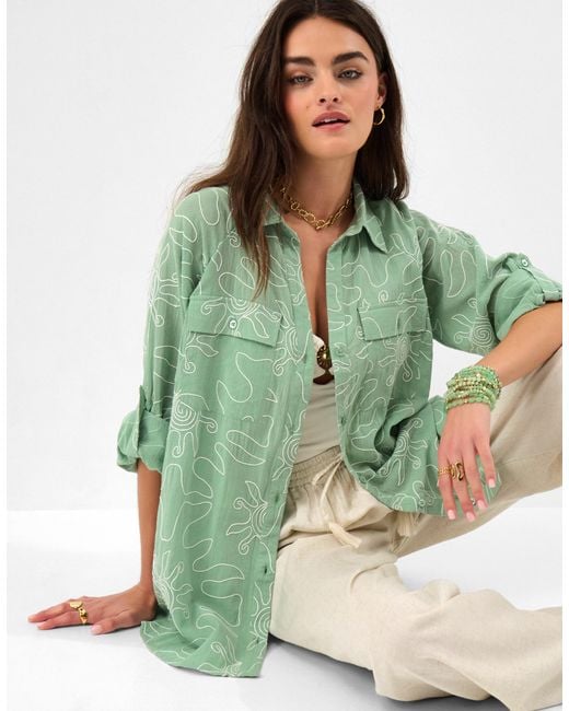 Accessorize Green Cotton Sun Embroidered Beach Cover Up Shirt