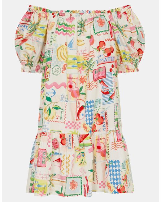 Accessorize Natural Postcard Print Puff Sleeve Mini Dress