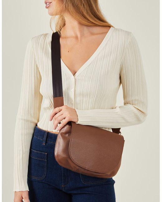 Accessorize Women's Brown Leather Webbing Strap Cross-body Bag