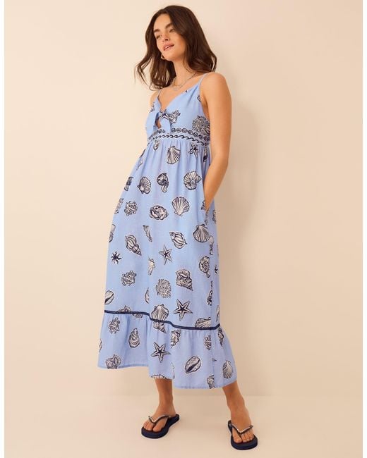Accessorize Blue Cotton Shell Print Midi Dress