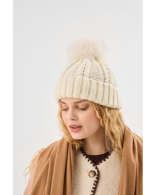 Accessorize Natural Classic Knitted Acrylic Faux Fur Pom-Pom Beanie Hat