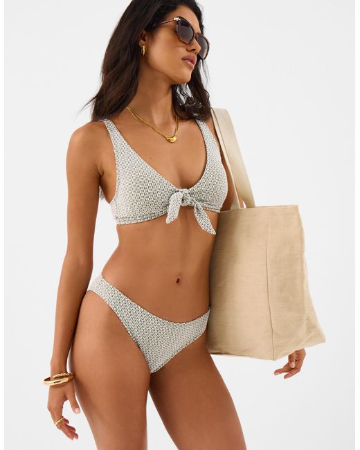 Accessorize Brown Geometric Textured Tie Bikini Top