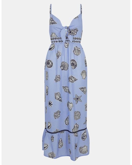 Accessorize Blue Cotton Shell Print Midi Dress